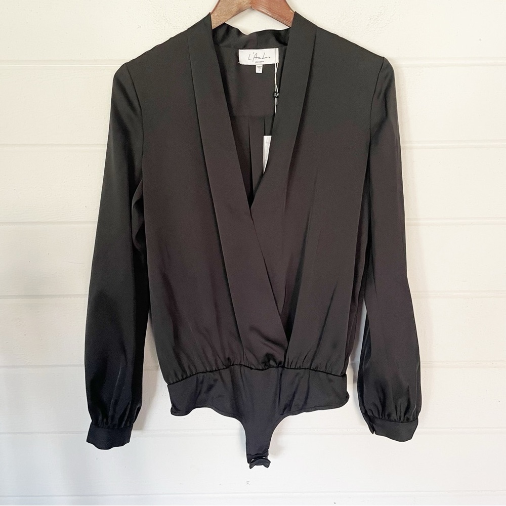 NWT L'Academie REVOLVE Black Long Sleeve Surplice Satin Bodysuit Size Small
